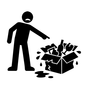 届いた段ボールから中身が割れて液体が漏れている破損事故のイラスト