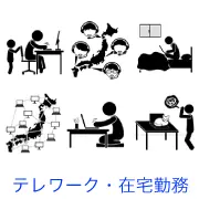 子供に仕事を邪魔される親、日本地図上で繋がるオンライン通話、ベッドでのPC作業、ネットワーク網、ちゃぶ台での作業、猫がPCに乗ってくる様子など、テレワークや在宅勤務特有の状況を描いたイラスト。