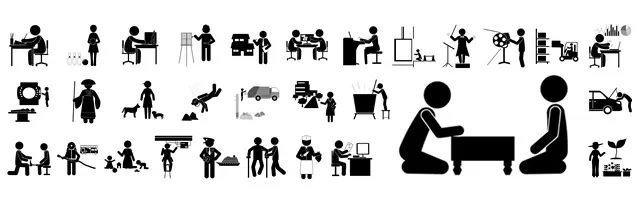 将棋や囲碁を楽しむ人をはじめ、ボウリング、絵画、犬の散歩、介護、料理など、日常生活の趣味やライフスタイルのワンシーンを切り取ったピクトグラムイラスト。