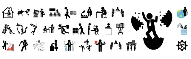 殻を破って飛び出す起業家や、グローバル展開、会議、プレゼンテーション、株価上昇など、ビジネスの成長や転機を象徴的に表現したシルエットイラスト素材。